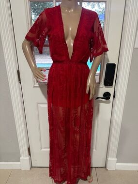 Honey Punch Red Lace Romper with Sheer Overlay